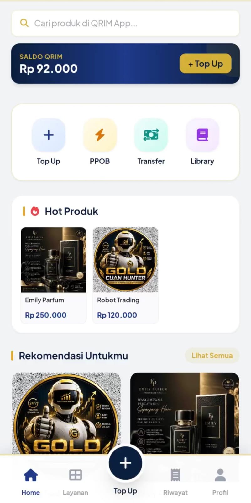 Tampilan beranda aplikasi QRIM APP: saldo, menu pulsa, paket data, token PLN, voucher game, dan riwayat transaksi